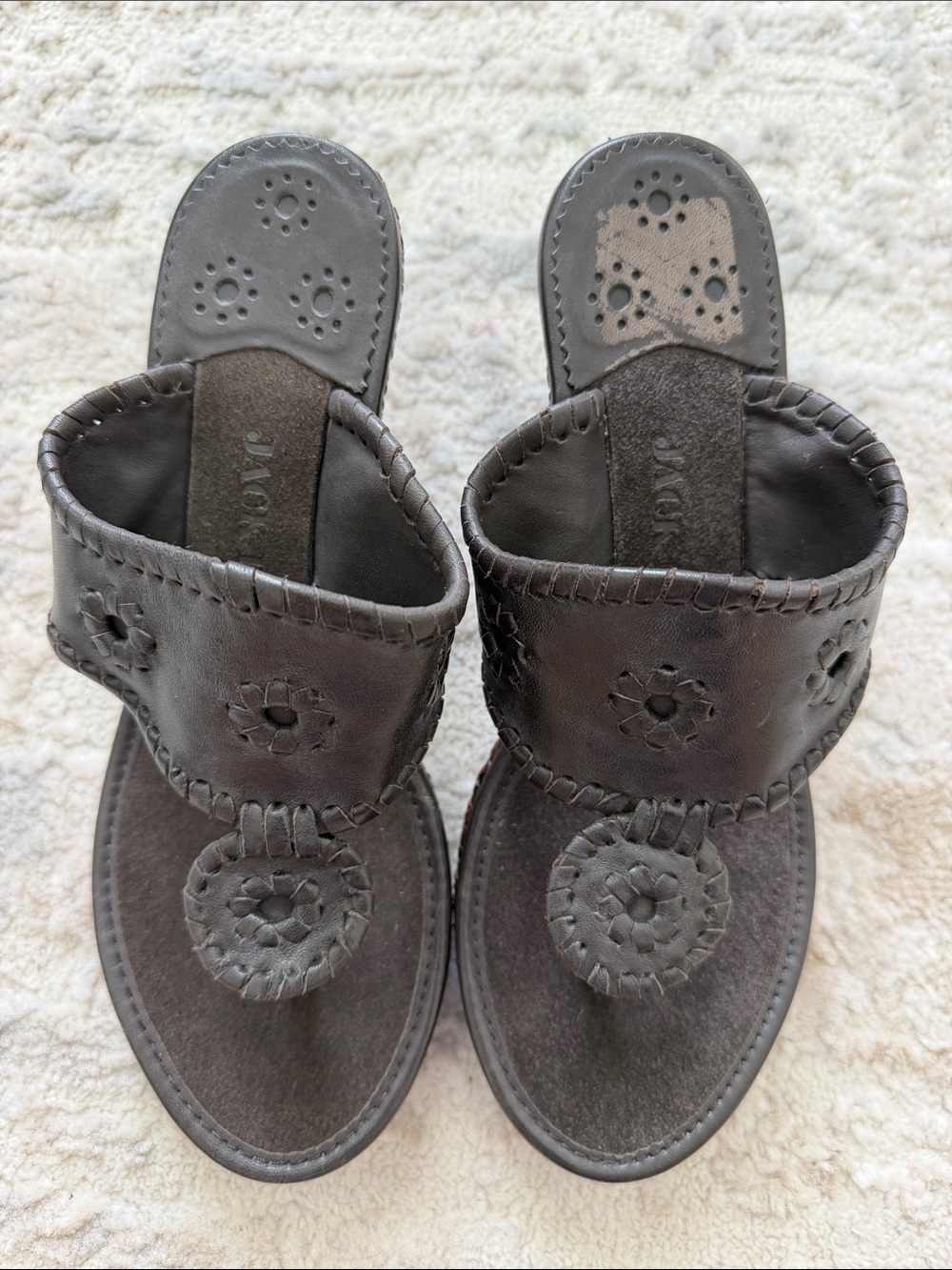 Jack Rogers Black Whipstitch Leather Toe-Post Sandals